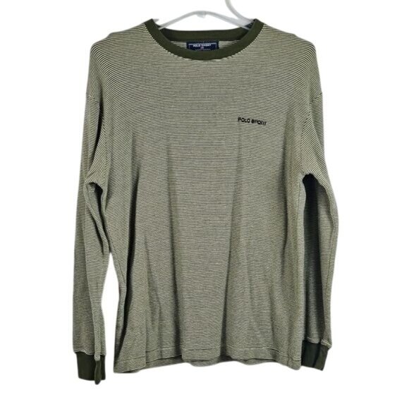 Polo Sport Mens Olive Striped Crewneck Pullover Sz L 100% Cotton Ribbed Cuffs - Picture 1 of 9